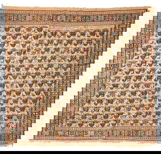 Caucasian Verneh Caucasus 5 ft. 7 in. x 5 ft.: Caucasian Verneh Caucasus c. third quarter 19th century, a precisely drawn Caucasian Verneh with geometric and animal forms, woven on a two-panel ivory field, with good overall condition and a wide ar
