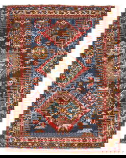 Shirvan Rug Caucasus 5 ft. 5 in. x 7 ft. 3 in.: Shirvan Rug Caucasus c. 1880, a large example with natural dyes and a rustic design with many animals in the field. 5 ft. 5 in. x 7 ft. 3 in. For further information on this lot please visit Bonhams.c