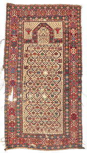 Shirvan Prayer Rug Fragment Caucasus 3 ft. 5 in. x 6 ft. 4 in.: Shirvan Prayer Rug Fragment Caucasus c. fourth quarter 19th century, well-balanced design and colors despite condition issues. Very good candidate for restoration or mounting. 3 ft. 5 in. x 6 ft. 4 in