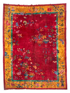 Chinese Art Deco Carpet China 9 ft. x 12 ft.: Chinese Art Deco Carpet China c. first half 20th century 9 ft. x 12 ft. For further information on this lot please visit Bonhams.com For further information about this lot please