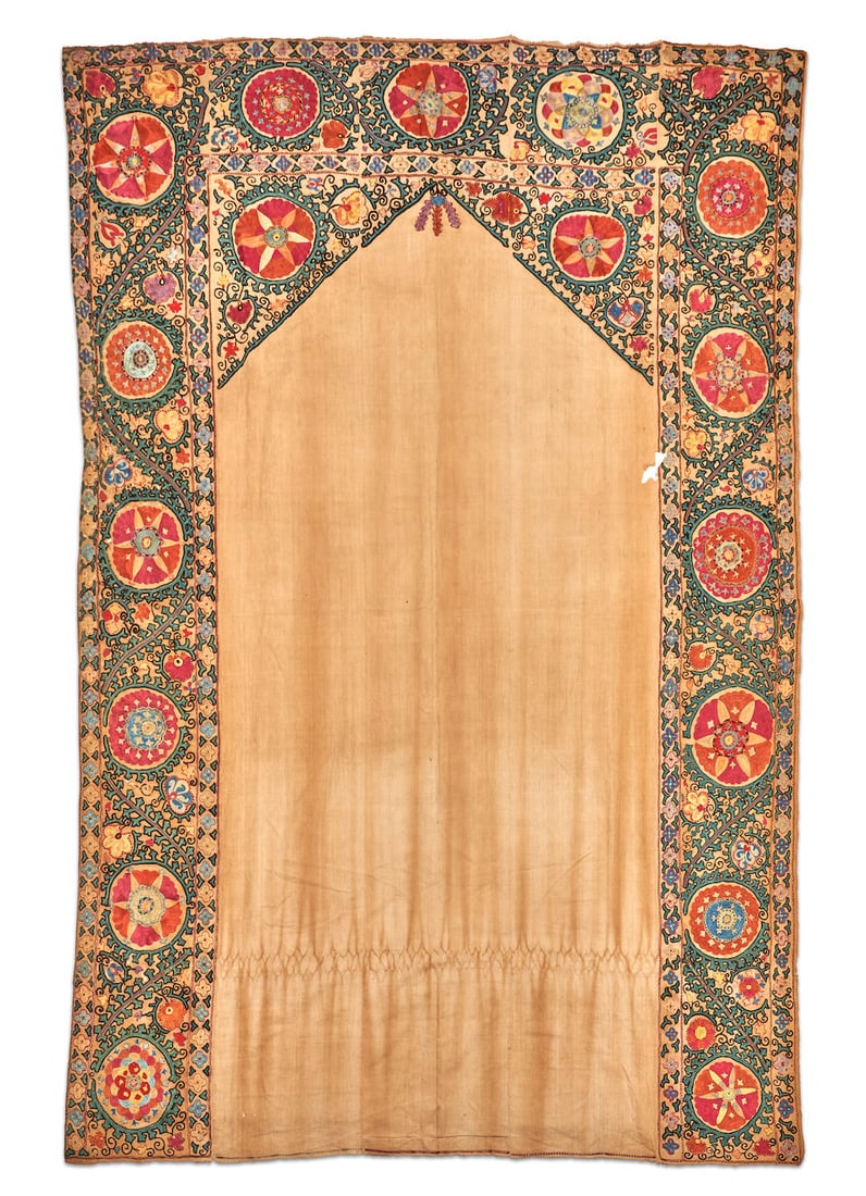 Suzani Uzbekistan 5 ft. 7 in. x 8 ft. 4 in.: Suzani Uzbekistan c. 1875, simultaneously precise and playful embroidery and a wide array of natural dyes. These have been called prayer hangings, door hangings, and bed covers. 5 ft. 7 in. x 8 ft. 4 