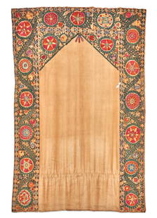Suzani Uzbekistan 5 ft. 7 in. x 8 ft. 4 in.: Suzani Uzbekistan c. 1875, simultaneously precise and playful embroidery and a wide array of natural dyes. These have been called prayer hangings, door hangings, and bed covers. 5 ft. 7 in. x 8 ft. 4
