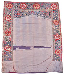 Purple Ground Suzani Uzbekistan 7 ft. 9 in. x 11 ft. 3 in.: Purple Ground Suzani Uzbekistan circa 1880 or earlier, extremely fine cross stich embroidery and deeply saturated natural colors. With some tears, repairs, and damages to the silk ground. The embroide