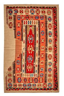 Central Anatolian Prayer Kilim  Anatolia 4 ft. 5 in. x 7 ft. 1 in.: Central Anatolian Prayer Kilim Anatolia c. mid to third quarter 19th century, an unusually narrow mihrab with nice orange and a deep red. 4 ft. 5 in. x 7 ft. 1 in. For further information on this lot