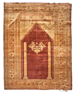 Silk Sivas Prayer Rug Anatolia 4 ft. 2 in. x 5 ft. 5 in.: Silk Sivas Prayer Rug Anatolia c. 19th century 4 ft. 2 in. x 5 ft. 5 in. For further information on this lot please visit Bonhams.com For further information about this lot please