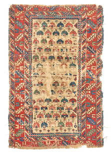 Early East Caucasian Rug Caucasus 2 ft. 11 in. x 4 ft. 4 in.: Early East Caucasian Rug Caucasus c. mid 19th century, archaic forms and a wide array of early colors. 2 ft. 11 in. x 4 ft. 4 in. For further information on this lot please visit Bonhams.com For furth