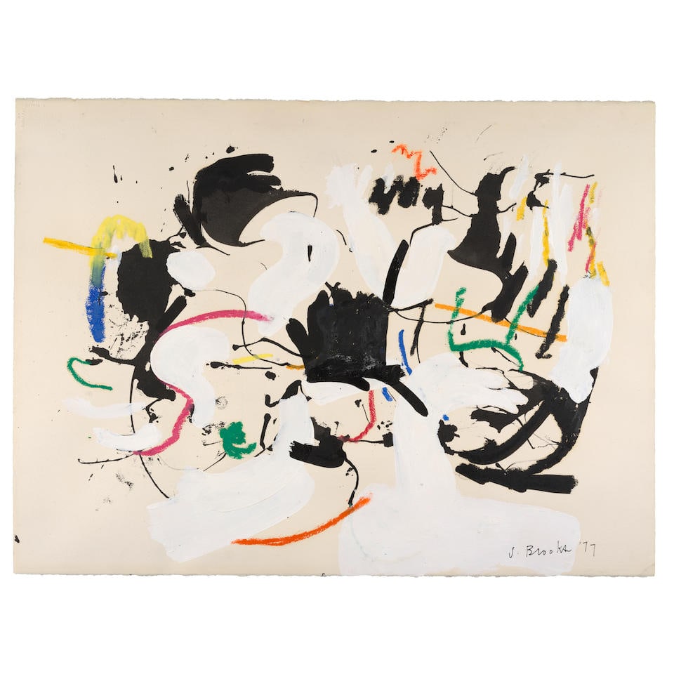 JAMES BROOKS (1906-1992) Untitled 22 3/8 x 30 1/8 in (56.9 x 76.5 cm) (Executed in 1977): JAMES BROOKS (1906-1992) Untitled signed and dated 'J. Brooks 77' (lower right); signed and dated again (verso) oil, acrylic, crayon and brush and ink on paper 22 3/8 x 30 1/8 in (56.9 x 76.5 cm) Exec