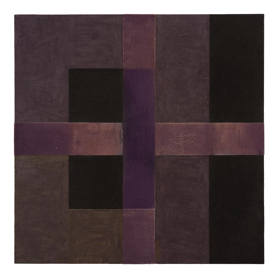 HARVEY QUAYTMAN (1937-2002) Stately Homes and Gardens 46 1/8 x 46 1/8 in (117.2 x 117.2 cm) (Pai...: HARVEY QUAYTMAN (1937-2002) Stately Homes and Gardens signed, inscribed and dated 'Harvey Quaytman 'Stately Homes and Gardens' 1988/89 NC' (on the overlap) acrylic and ground iron on canvas 46 1/8 x 4