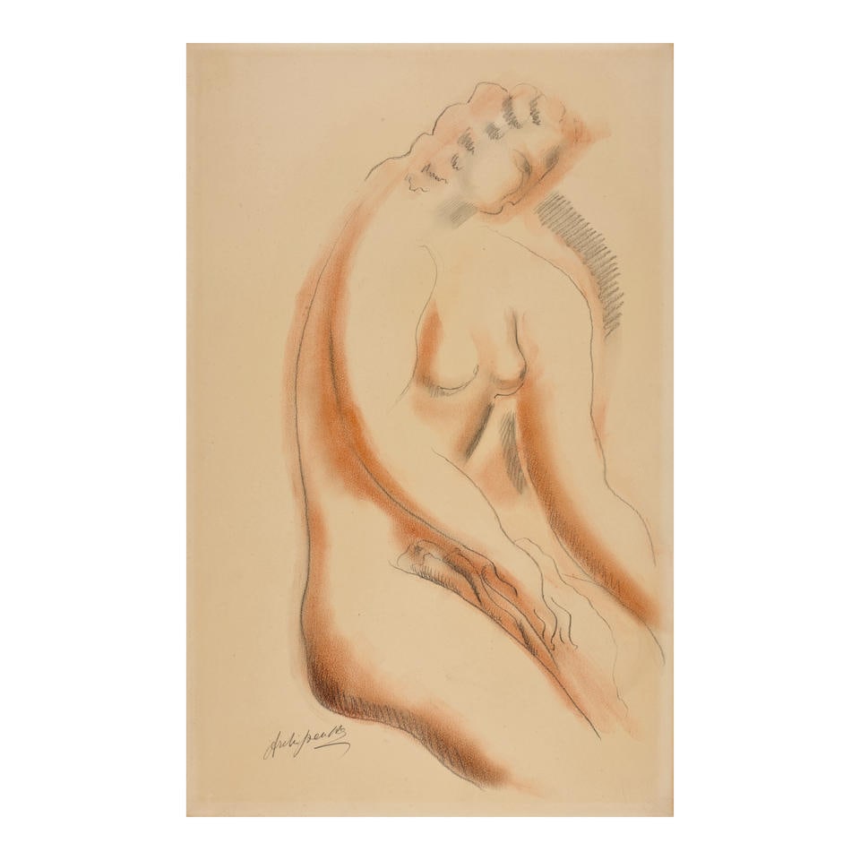 ALEXANDER ARCHIPENKO (1887-1964) Red Dust Finger Drawing of a Nude 22 5/16 x 14 1/8 in (57.7 x 3...: ALEXANDER ARCHIPENKO (1887-1964) Red Dust Finger Drawing of a Nude signed 'Archipenko' (lower left) conté crayon and pencil on paper 22 5/16 x 14 1/8 in (57.7 x 35.9 cm) Executed circa 1935 Footn