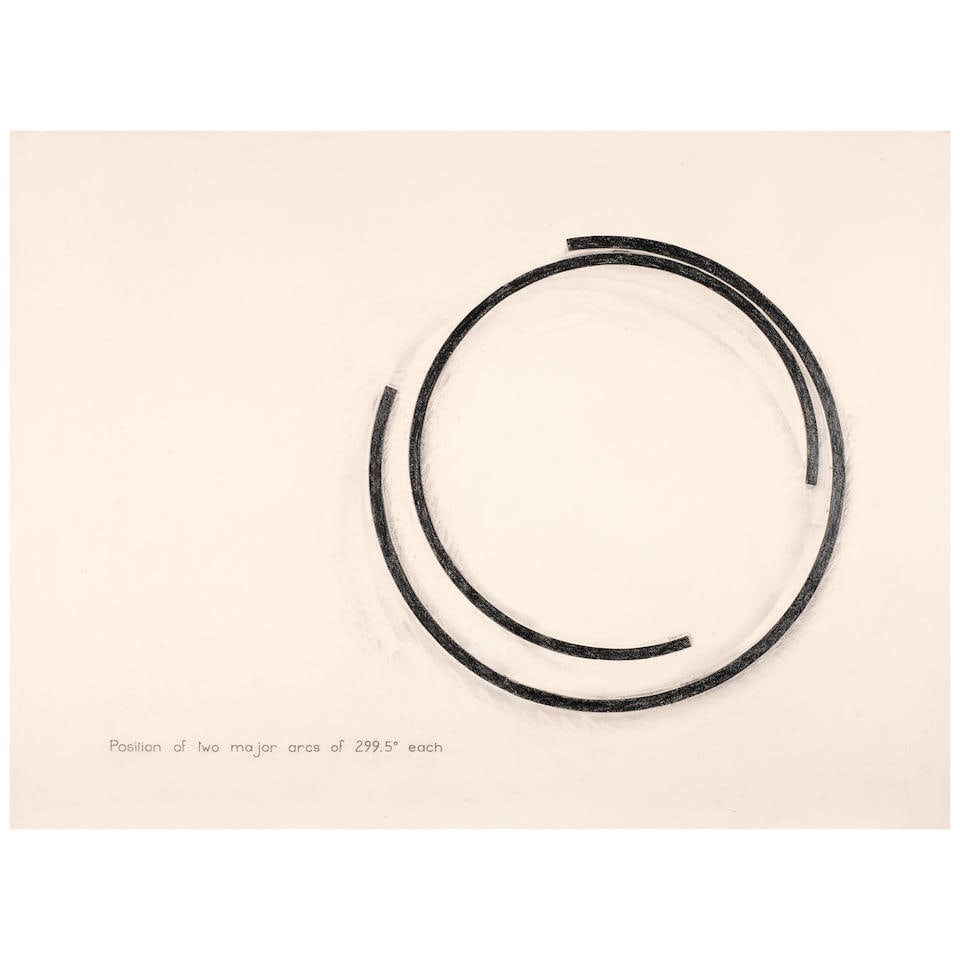 BERNAR VENET (B. 1941) Position of two major arcs of 299.5° each 22 3/8 x 30 in (56.7 x 76 ...: BERNAR VENET (B. 1941) Position of two major arcs of 299.5° each signed and dated 'Venet 1979' (verso) graphite and collage on paper 22 3/8 x 30 in (56.7 x 76 cm) Executed in 1979 Footnotes: This