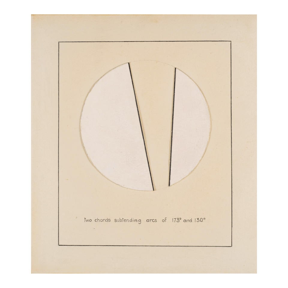 BERNAR VENET (B. 1941) Two Chords of Subtending Arcs of 173° and 130° 11 1/4 x 9 7/8 i...: BERNAR VENET (B. 1941) Two Chords of Subtending Arcs of 173° and 130° acrylic, felt-tip marker, graphite and collage on paper 11 1/4 x 9 7/8 in (28.5 x 25 cm) Executed 1978-1979 Footnotes: T