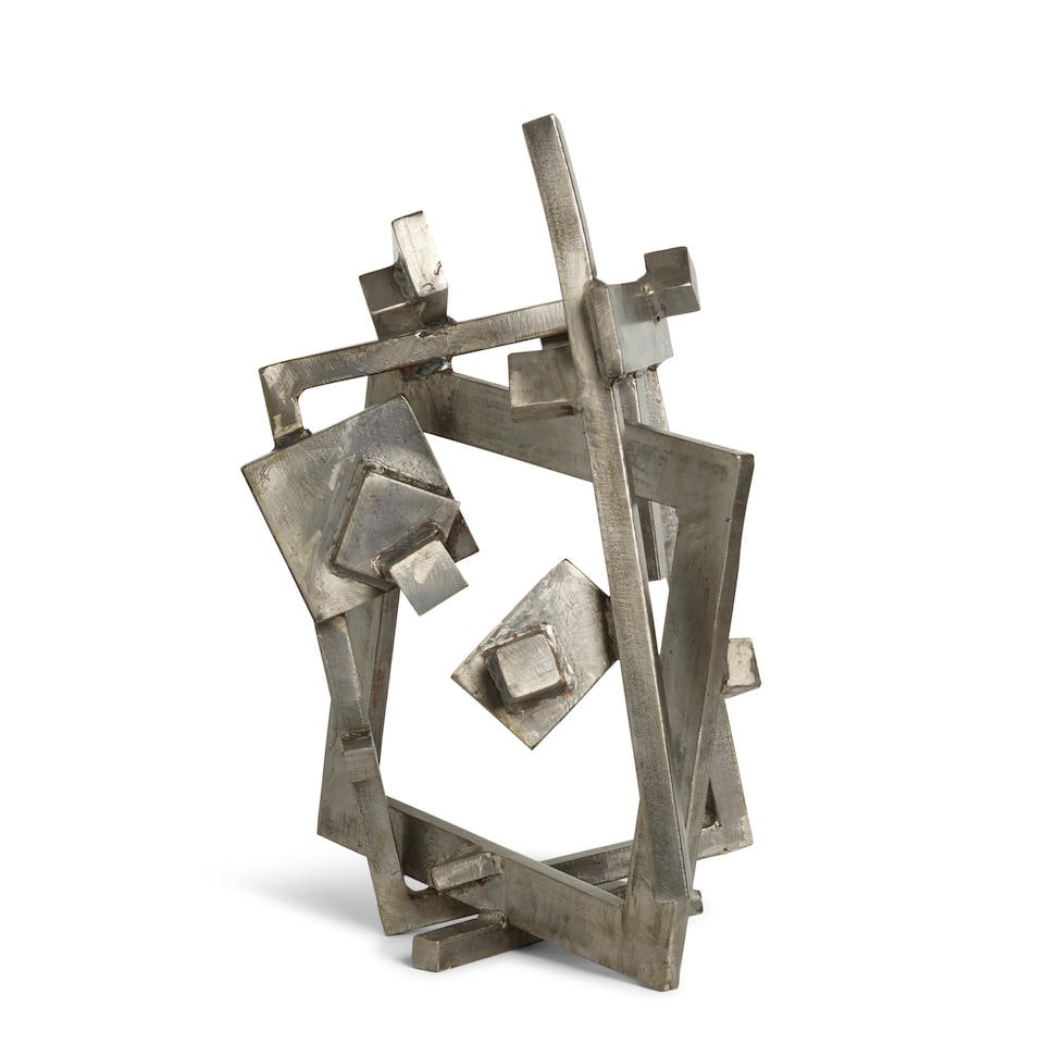 JOEL PERLMAN (B. 1943) Untitled 25 x 16 x 18 1/4 in (63.5 x 40.6 x 46.4 cm) (Executed in 1983): JOEL PERLMAN (B. 1943) Untitled stamped with the artist's initials and dated 'JP 83' (on the upper profile edge of the central square element) steel 25 x 16 x 18 1/4 in (63.5 x 40.6 x 46.4 cm) Execute