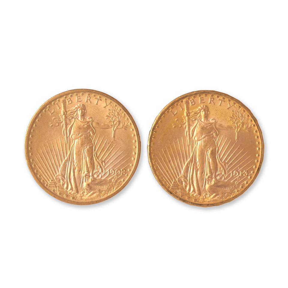 TWO UNITED STATES ST. GAUDENS $20 DOUBLE EAGLE GOLD COINS. (1 of 2)