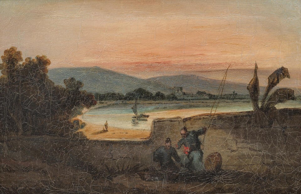 LAMQUA (FL. 1820-60) Macau: A Bay at Sunset, with Shadowed Figures by a Wall: LAMQUA (FL. 1820-60) Macau: A Bay at Sunset, with Shadowed Figures by a Wall Oil on canvas, framed. 12cm (5in) high x 19.3cm (7 5/8in) long. Footnotes: 關喬昌（活躍
