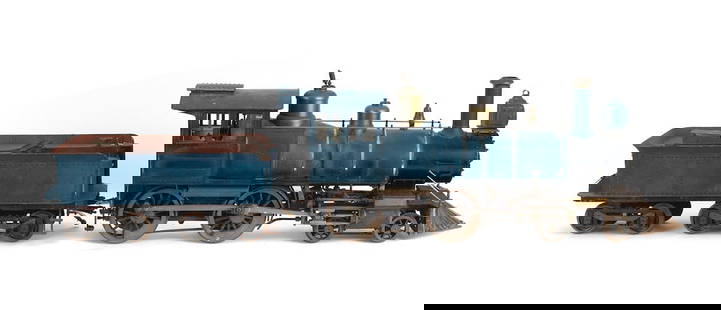 A 3½ Inch gauge live-steam engineer's model of an 1868 American Type locomotive,  ((Qty)): A 3&#189; Inch gauge live-steam engineer's model of an 1868 American Type locomotive, 4-4-0 (boiler untested) painted blue with matching 8 wheel tender, paintwork and metal brightwork weathered, finel