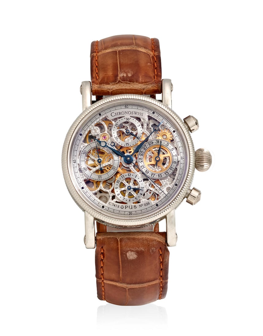 CHRONOSWISS. A PLATINUM AUTOMATIC CHRONOGRAPH WRISTWATCH Sirius Opus, Ref: CH752OS, c. 2000s: CHRONOSWISS. A PLATINUM AUTOMATIC CHRONOGRAPH WRISTWATCH Model: Sirius Opus Reference: CH752OS Date: c. 2000s Movement: Cal. 741 S, 25-jewwl automatic (chronograph function in need of service, please