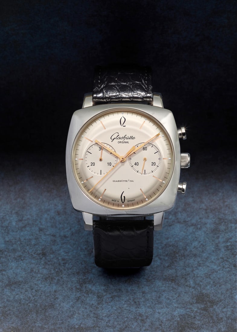 GLASHÜTTE ORIGINAL. A STAINLESS STEEL AUTOMATIC CHRONOGRAPH WRISTWATCH Sixties Square Chro...: GLASHÜTTE ORIGINAL. A STAINLESS STEEL AUTOMATIC CHRONOGRAPH WRISTWATCH Model: Sixties Square Chronograph Reference: 39-34-03-32-04 Date: Purchased 20th January, 2010 Movement: Cal. 39-34, 51-jewe