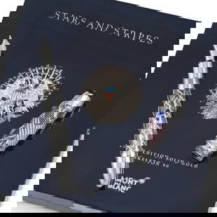 MONTBLANC. MEISTERSTÜCK 149 'STARS AND STRIPES', A RARE LIMITED EDITION 18K WHITE GOLD SKEL...: MONTBLANC. MEISTERSTÜCK 149 'STARS AND STRIPES', A RARE LIMITED EDITION 18K WHITE GOLD SKELETONIZED, DIAMOND, SAPPHIRE AND RUBY FOUNTAIN PEN Model: Meisterstück 149 - Stars and Stripes, No.