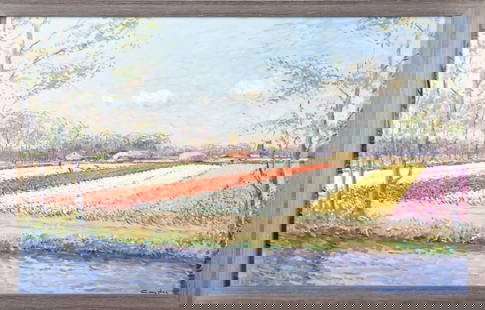 NIEK VAN DER PLAS (DUTCH, BORN 1954) TULIP FIELD: NIEK VAN DER PLAS (DUTCH, BORN 1954) TULIP FIELD Oil on board, signed (lower right), framed; 19' x 31' sight size, 21 3/8' x 33 1/4' frame size. Footnotes: OVERALL CONDITION: Very good. Not examined o