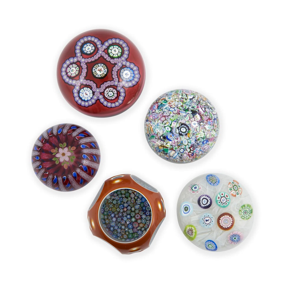 FIVE PERTHSHIRE GLASS PAPERWEIGHTS Crieff, Scotland, dated 1974-1996, close pack millefiori over... (1 of 3)