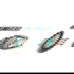 THREE SILVER AND TURQUOISE CUFF BRACELETS inner circumferences (including gaps) 6 3/8in, 6 1/2in...: THREE SILVER AND TURQUOISE CUFF BRACELETS The first with a pierced, hinged band supporting a teardrop-shaped turquoise stone raised over a conforming concave surround, the clasp stamped: Sterling; the