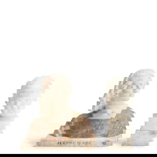 TWO SMALL MARBLE SCULPTURES Early 20th century,: TWO SMALL MARBLE SCULPTURES Early 20th century, woman bust ht. 9 1/4, wd. 9 1/8, dp. 4 1/2, child bust ht. 8 1/2, wd. 3 3/8, dp. 3 3/8 in. Footnotes: From the Meacham Family Collection Cleveland, Ohio