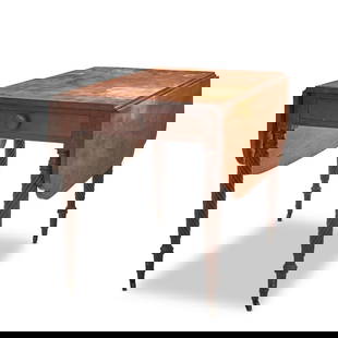 LATE FEDERAL MAHOGANY BREAKFAST TABLE: LATE FEDERAL MAHOGANY BREAKFAST TABLE United States of America, 19th century, the drop-leaf table with faux drawer, on carved legs and casters, 29' height, 24 1/2' width, 38' depth. Footnotes: OVERALL