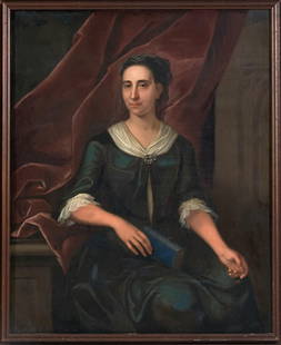 British School (18th Century) Portrait of a Lady Holding a Book (framed 134.6 x 109.2 x 3.8 cm (...: British School (18th Century) Portrait of a Lady Holding a Book unsigned oil on canvas affixed to board 127.0 x 101.6 cm (50 x 40 in). framed 134.6 x 109.2 x 3.8 cm (53 x 43 x 1 1/2 in). Footnotes: O