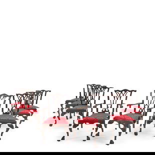 SET OF EIGHT DREXEL HERITAGE CHIPPENDALE-STYLE CARVED MAHOGANY DINING CHAIRS, Late 20th century,: SET OF EIGHT DREXEL HERITAGE CHIPPENDALE-STYLE CARVED MAHOGANY DINING CHAIRS, Late 20th century, comprising six side chairs and two armchairs, each with pierced splat backs and seats upholstered in ri