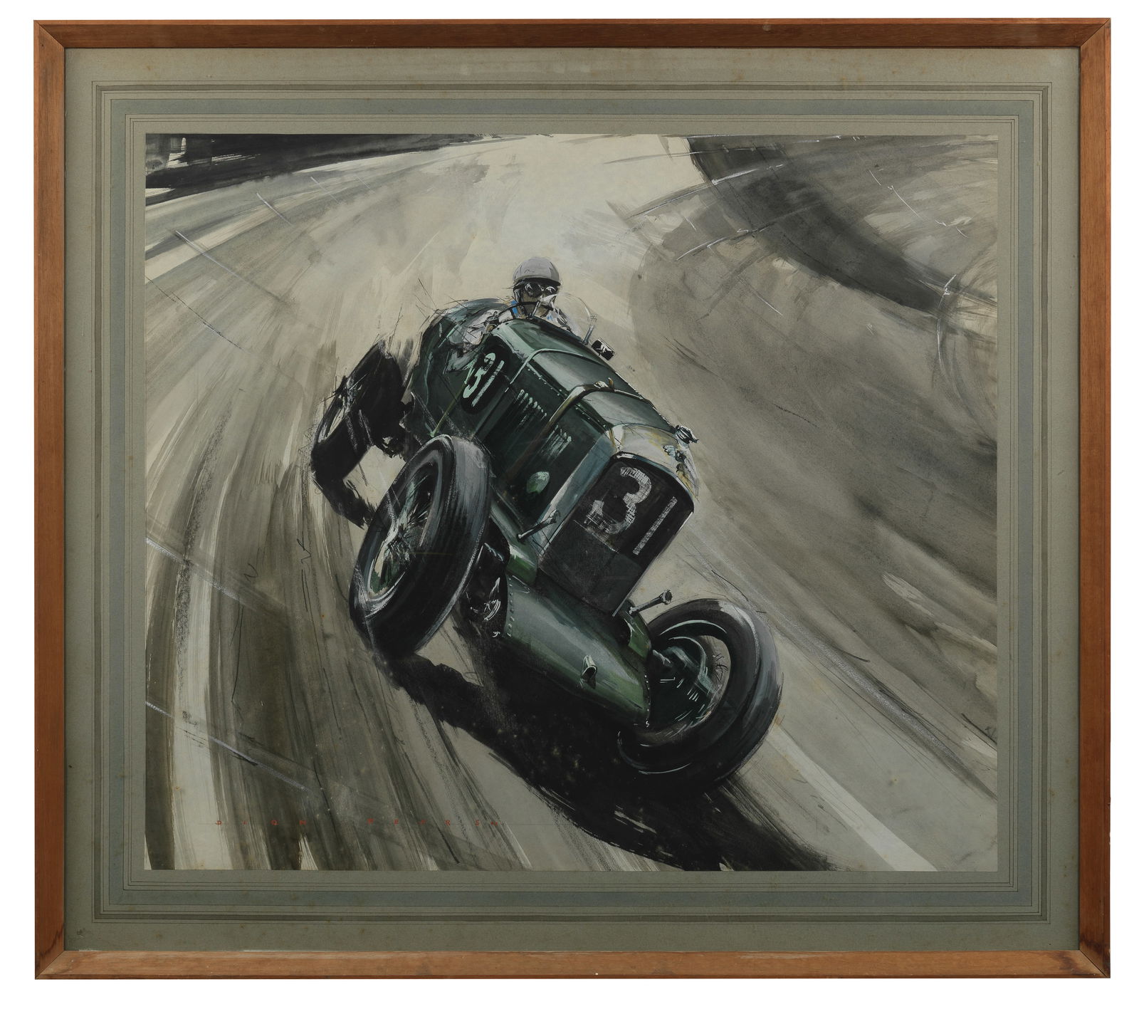 Dion Pears (British, 1929-1985), 'Victory at the 500 Mile Race, Brooklands, 1929',: Dion Pears (British, 1929-1985), 'Victory at the 500 Mile Race, Brooklands, 1929', signed lower left, inkwash, gouache and charcoal on artists' paper, race scene depicting Jack Barclay in the 4½