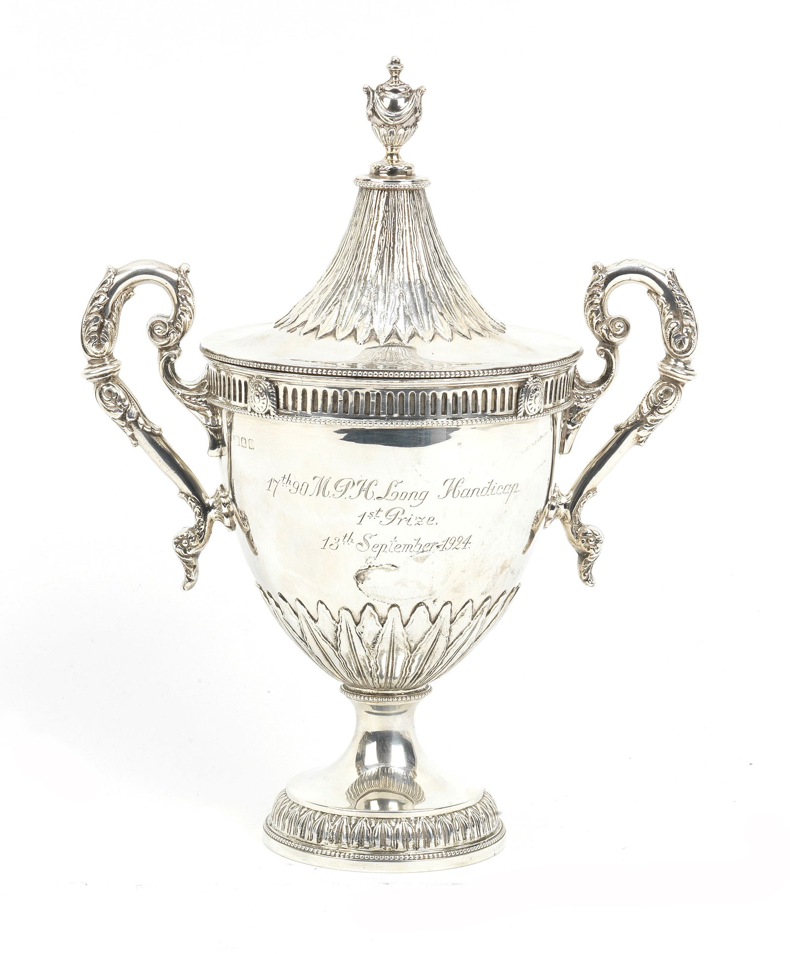 A BARC Brooklands 1924 90MPH Long Handicap 1st place sterling silver trophy, ((2)): A BARC Brooklands 1924 90MPH Long Handicap 1st place sterling silver trophy, George V twin-handled trophy with lid with amphora finial by Charles & Richard Comyns, hallmarked London, 1924, inscribed t