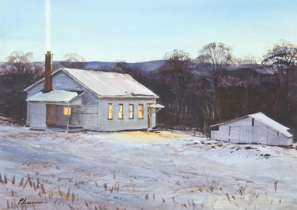 Ogden Minton Pleissner (1905-1983) A Farmhouse in Winter at Twilight: Ogden Minton Pleissner (1905-1983) A Farmhouse in Winter at Twilight signed 'Pleissner' (lower left) watercolor on paper sheet size 10 1/2 x 14 1/2 in. (26.7 x 36.8 cm) Footnotes: N.B. Ogden Minton Pl