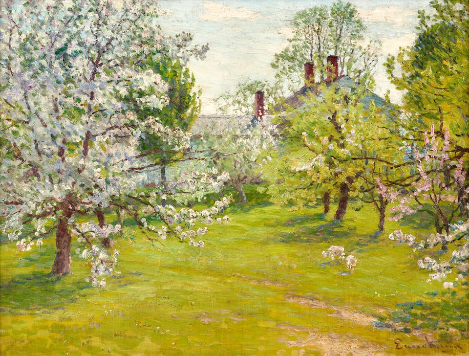 John Joseph Enneking (1841-1916) Behind the Apple Orchard: John Joseph Enneking (1841-1916) Behind the Apple Orchard signed and indistinctly dated 'Enneking [...]' (lower right); with labels from Vose Galleries, Boston, and Frank J. Pope, Boston (affixed to t