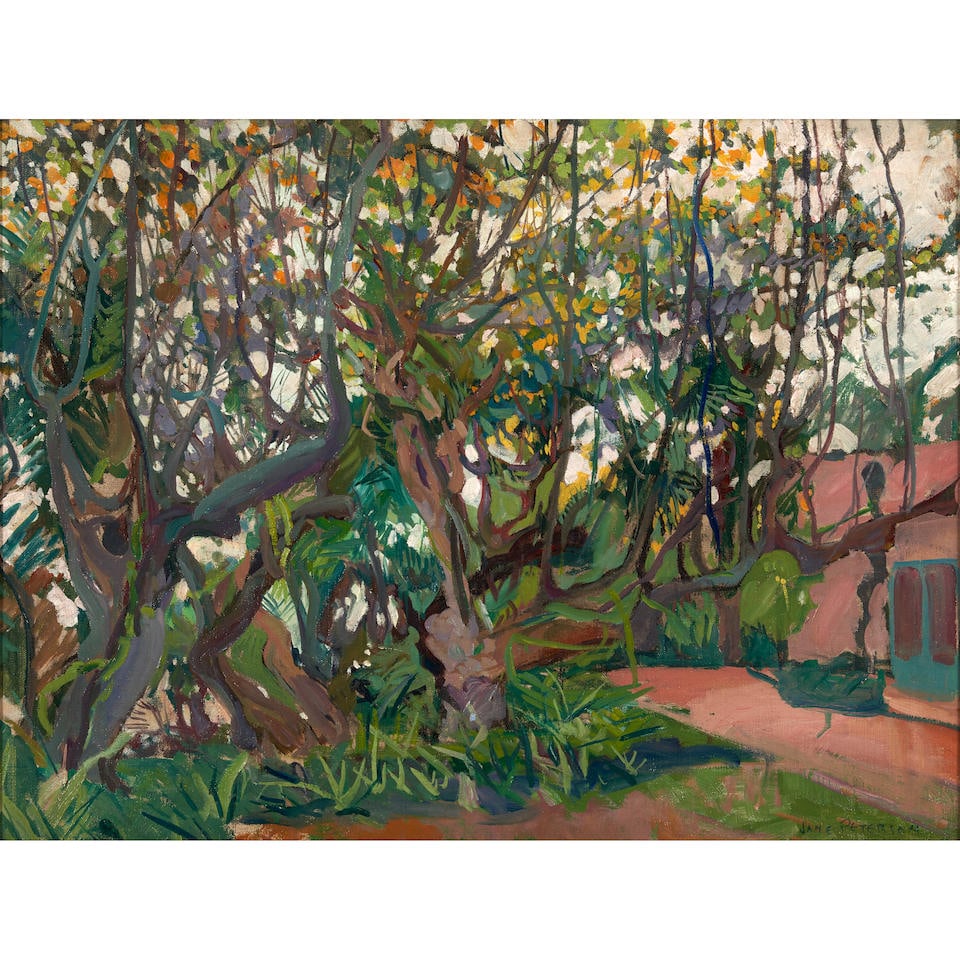 Jane Peterson (1876-1965) Flowering Carob Tree, San Giorgio Maggiore Island, Venice: Jane Peterson (1876-1965) Flowering Carob Tree, San Giorgio Maggiore Island, Venice signed 'JANE PETERSON' (lower right); identified on two handwritten labels (affixed to the stretcher) oil on canvas