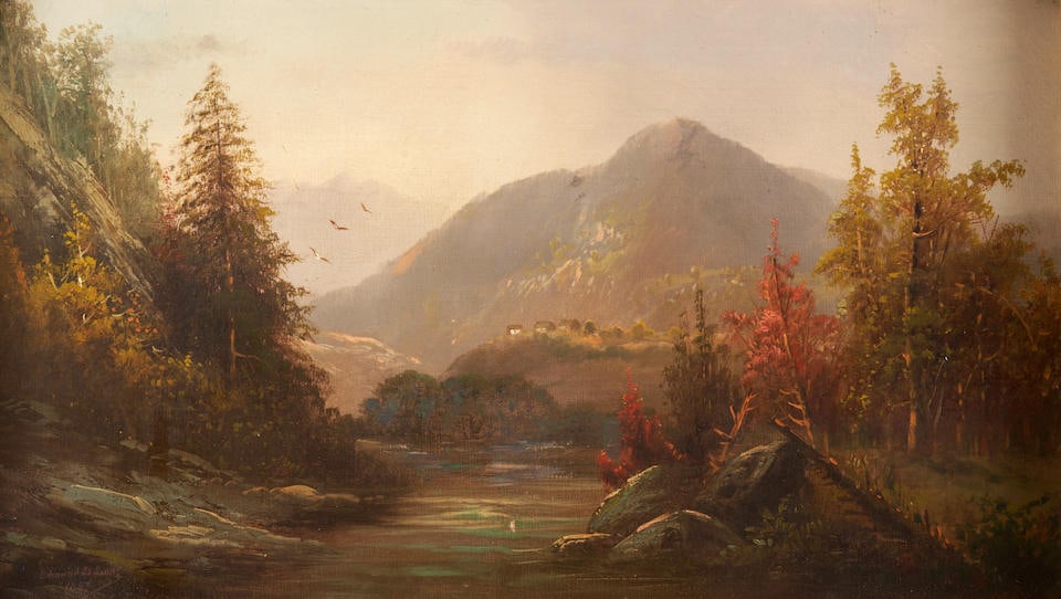 Edmund Darch Lewis (1835-1910) A Mountain Stream with a Distant Hilltop Village (1 of 4)