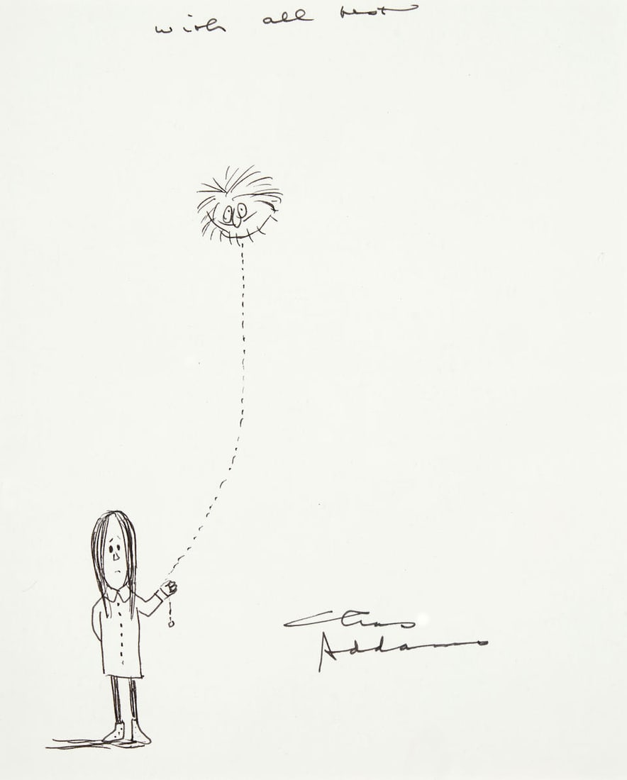 Charles Addams (1912-1988) Wednesday Addams: Charles Addams (1912-1988) Wednesday Addams signed 'Chas Addams' (lower center); inscribed 'For Paul C[...] with all best' (upper center) pen and ink on paper sheet size 11 x 8 1/4 in. (27.9 x 21.0 cm