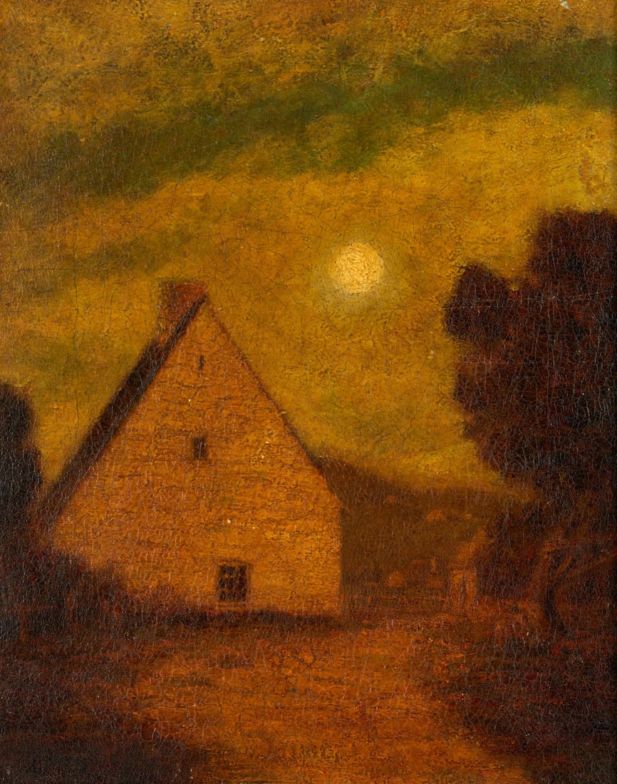 Attributed to Albert Pinkham Ryder (1847-1917) Stone House in Autumn: Attributed to Albert Pinkham Ryder (1847-1917) Stone House in Autumn indistinctly signed (lower left); identified on a presentation plaque and an inscription (on the turnover) oil on canvas 15 x 12 1/