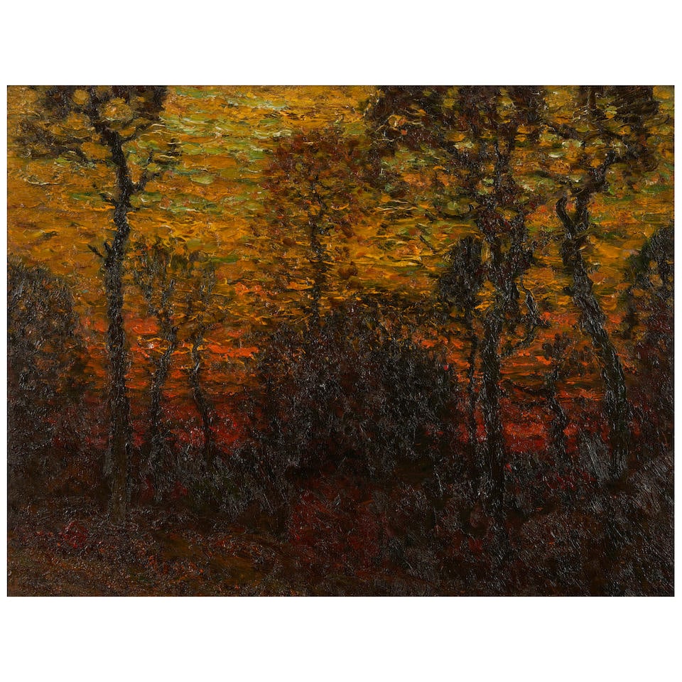 John Joseph Enneking (1841-1916) November Twilight: John Joseph Enneking (1841-1916) November Twilight signed and dated 'Enneking 1911' (lower right); titled 'November Twilight' (on the reverse) oil on Academy board in original Foster Brothers frame 12