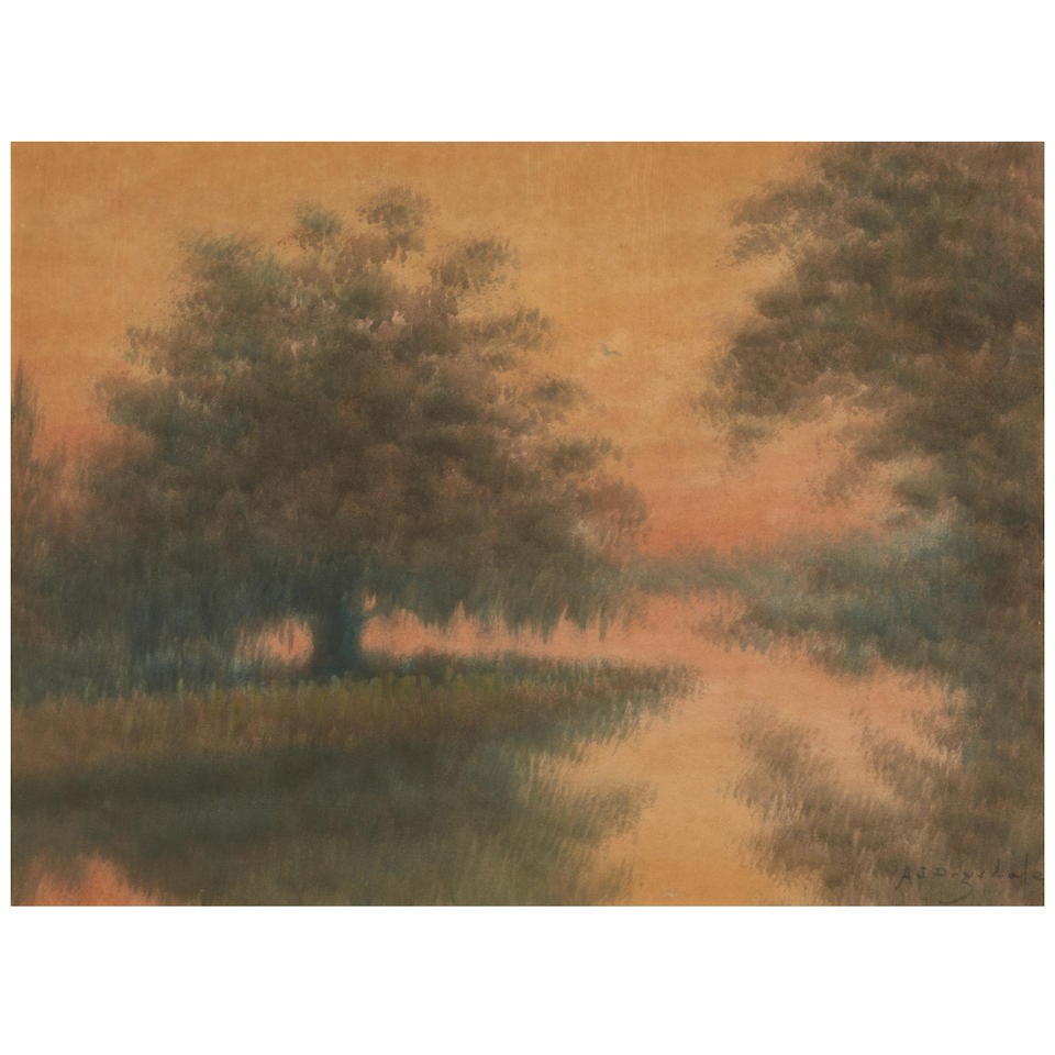 Alexander John Drysdale (1870-1934) Louisiana Bayou at Sunset: Alexander John Drysdale (1870-1934) Louisiana Bayou at Sunset signed 'A.J. Drysdale' (lower right) oil wash on board sheet size 15 x 20 in. (38.1 x 50.8 cm) Footnotes: N.B. Alexander John Drysdale was