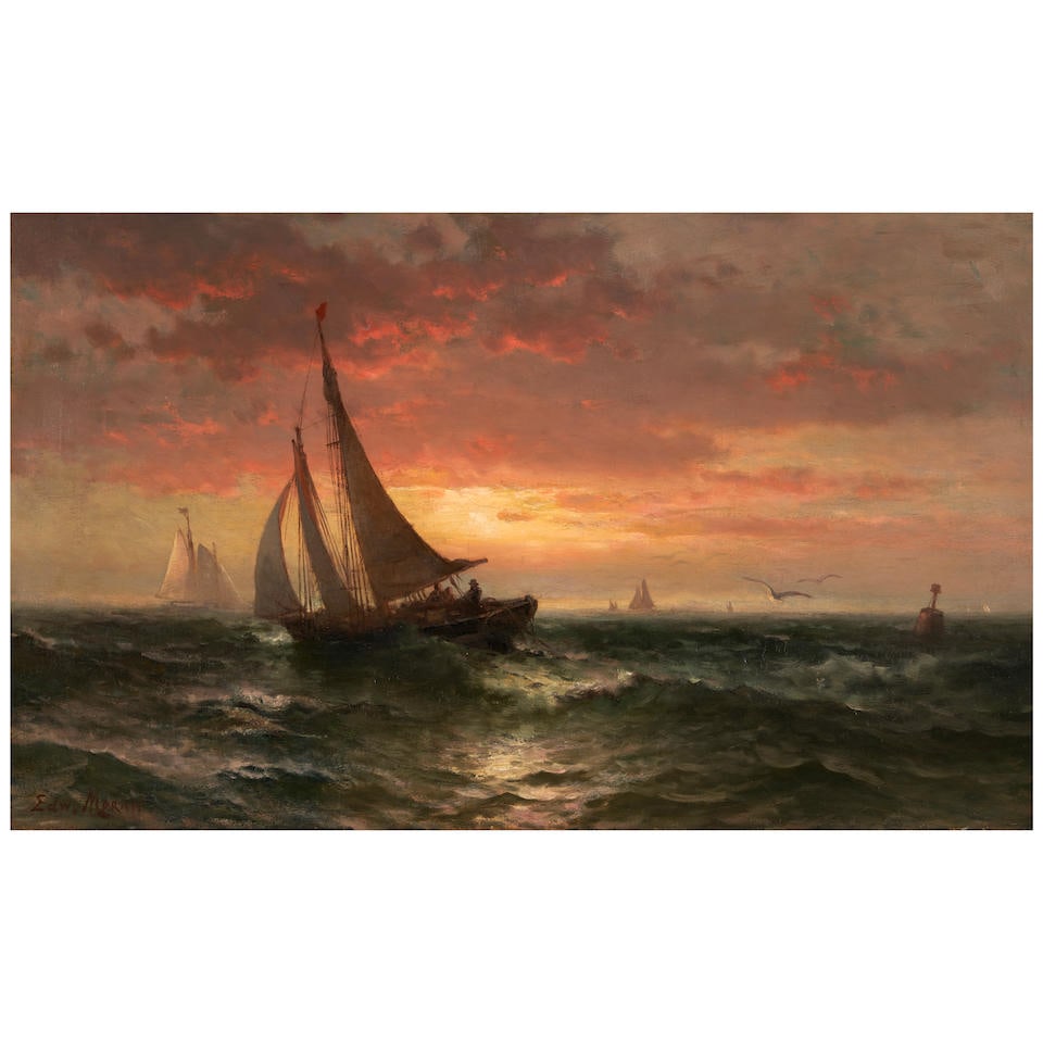 Edward Moran (1829-1901) Heading Home: Edward Moran (1829-1901) Heading Home signed 'Edw. Moran' (lower left) oil on canvas 18 1/8 x 30 1/4 in. (46.0 x 76.8 cm) Footnotes: Provenance Richard Bourne Auction Gallery, Hyannis, Massachusetts.