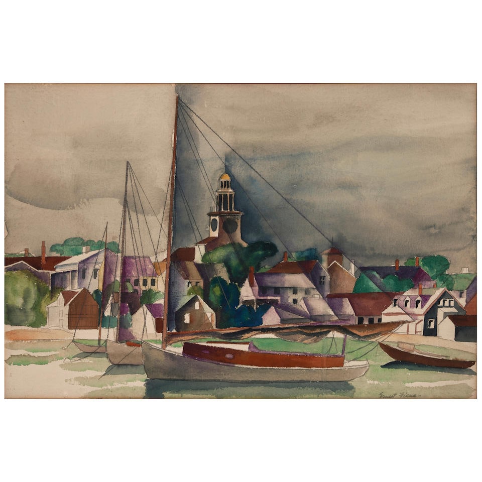 Ernest Fiene (1894-1965) Harbor View of a Seaside Village: Ernest Fiene (1894-1965) Harbor View of a Seaside Village signed 'Ernest Fiene' (lower right) watercolor and pencil on Arches paper sheet size 15 1/4 x 22 1/2 in. (38.7 x 57.2 cm) Footnotes: N.B. Erne