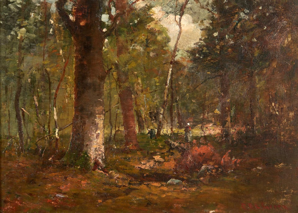 Charles Edwin Lewis Green (1844-1915) Figures in the Forest: Charles Edwin Lewis Green (1844-1915) Figures in the Forest signed 'C.E.L. Green' (lower right) oil on canvas 10 x 14 1/4 in. (25.4 x 36.2 cm) Footnotes: N.B. Charles Edwin Lewis Green spent his caree