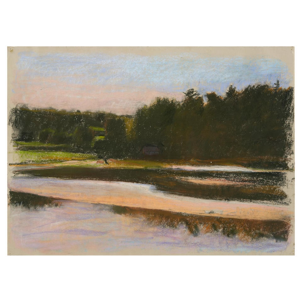 Wolf Kahn (1927-2020) Vermont Riverside at Dusk: Wolf Kahn (1927-2020) Vermont Riverside at Dusk indistinctly signed 'W Kahn' (lower right); identified on a typed label from Obelisk Gallery, Boston (affixed to the backing paper) pastel on paper shee