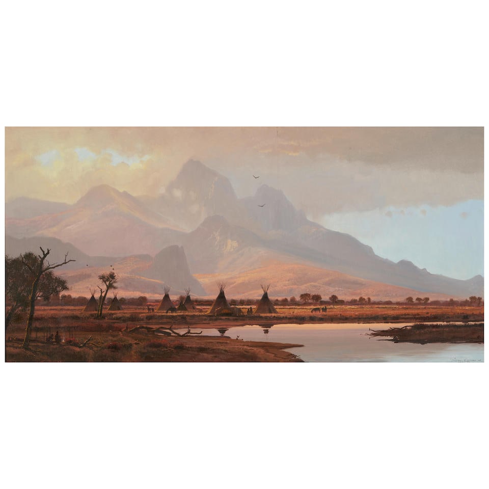 Michael Coleman (born 1946) A Rocky Mountain Encampment: Michael Coleman (born 1946) A Rocky Mountain Encampment signed 'Michael Coleman / .... ©' (lower right) oil on Masonite 18 1/8 x 36 in. (46.0 x 91.4 cm) For further information on this lot please