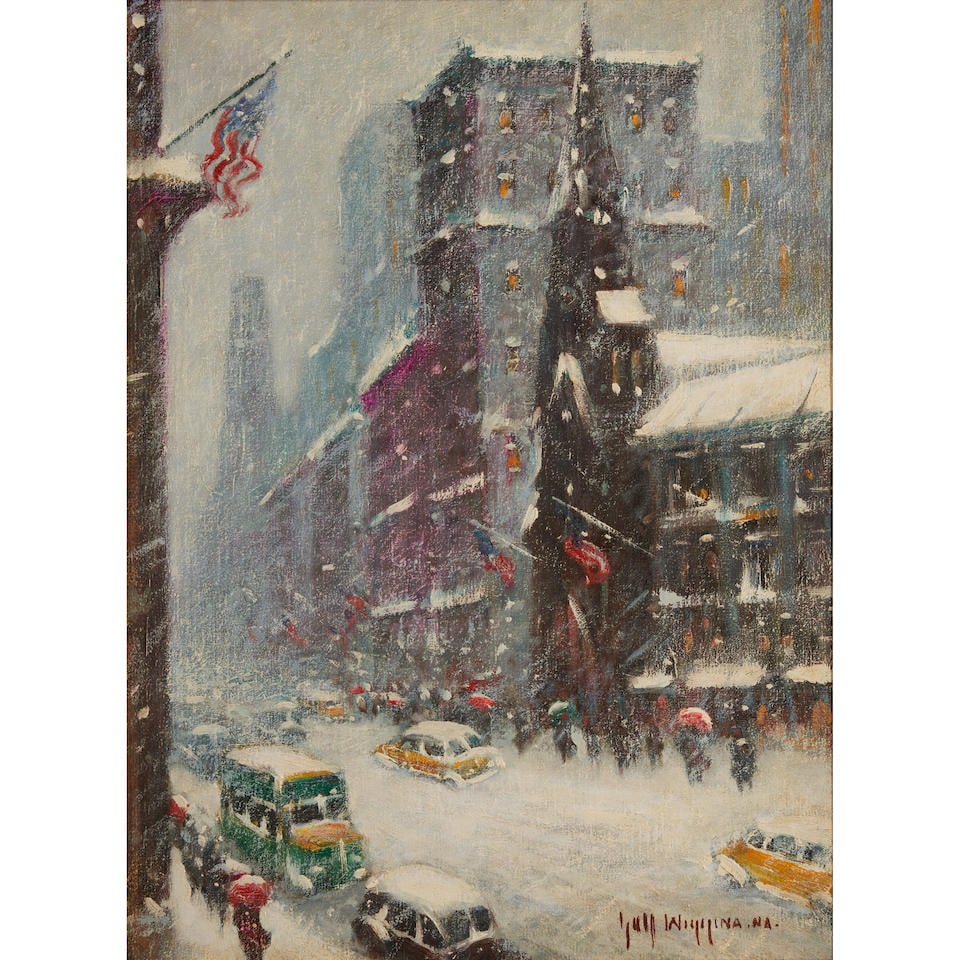 Guy Carleton Wiggins (1883-1962) 5th Ave at 56th Street in Winter: Guy Carleton Wiggins (1883-1962) 5th Ave at 56th Street in Winter signed 'Guy Wiggins N.A.' (lower right); signed or inscribed 'Guy Wiggins N.A.' (on the reverse) oil on canvas 16 x 12 in. (40.6 x 30.