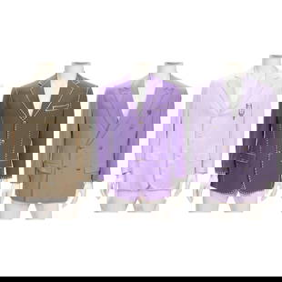 THREE RICHARD SIMMONS CUSTOM EMBELLISHED SUIT JACKETSHouse of Bijan, Beverly Hills: THREE RICHARD SIMMONS CUSTOM EMBELLISHED SUIT JACKETS House of Bijan, Beverly Hills Comprising an ivory, a lilac, and a purple example. Footnotes: The purple jacket worn by Richard Simmons at the Augu