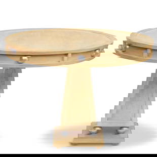 A CUSTOM PARCEL SILVERED AND PAINTED BIRCH AND WHITE ASH BURLWOOD CENTER TABLELate 20th century: A CUSTOM PARCEL SILVERED AND PAINTED BIRCH AND WHITE ASH BURLWOOD CENTER TABLE Late 20th century height 32in; diameter 46in Footnotes: Displayed in Richard Simmons's foyer. Condition reports are not