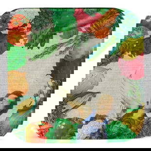 A RICHARD SIMMONS DECOUPAGE GLASS 'VEGETABLE' PLATE: A RICHARD SIMMONS DECOUPAGE GLASS 'VEGETABLE' PLATE width 10in (square) Footnotes: Displayed in Richard Simmons's dining room. Condition reports are not provided in catalog descriptions. The absence o