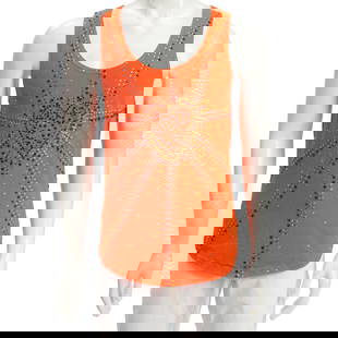 A RICHARD SIMMONS CUSTOM EMBELLISHED 'BURNING HEART' TANK TOP Leslie Wilshire: A RICHARD SIMMONS CUSTOM EMBELLISHED 'BURNING HEART' TANK TOP Leslie Wilshire orange cotton tank top with Swarovski crystal embellishments forming a heart with radiating beams front and back. Footnote