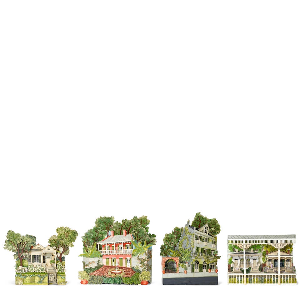 CAMILLE FORD MAHER (AMERICAN, 1914-2007): FOUR MIXED MEDIA COLLAGES OF NEW ORLEANS HOMESLate 20t...: CAMILLE FORD MAHER (AMERICAN, 1914-2007): FOUR MIXED MEDIA COLLAGES OF NEW ORLEANS HOMES Late 20th century Each signed CAMILLE MAHER, one titled Azaela Time Uptown III and another titled View From The